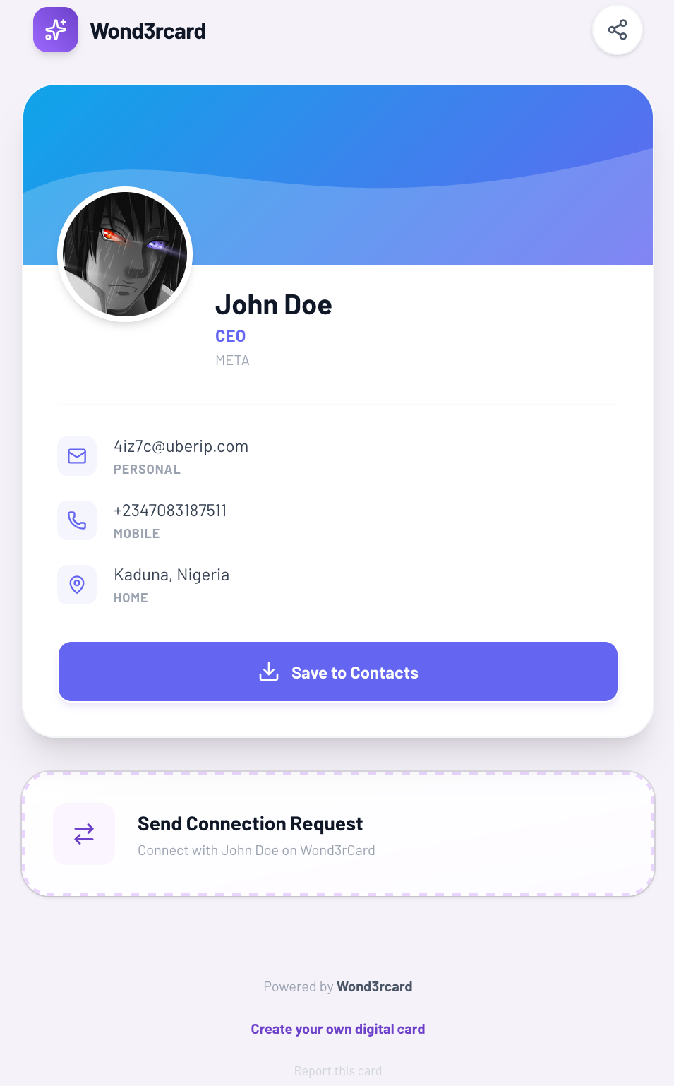 A shared Wond3rCard digital card, viewable by anyone with the link — no app required